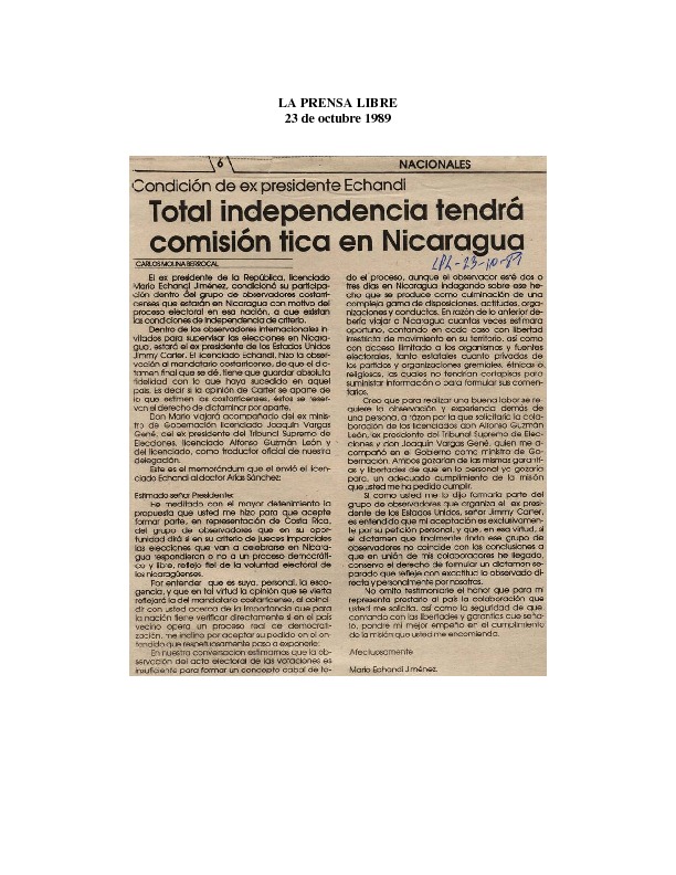 Condición de ex presidente Echandi total independencia tendrá comisión tica en Nicaragua..pdf